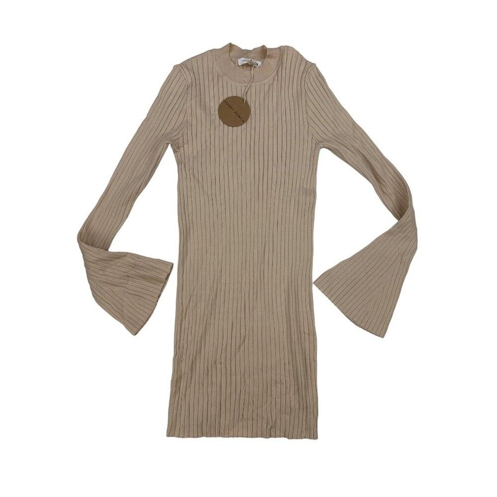 Honey Punch - Moch Neck Flare Sleeve Ribbed Mini Dress in Beige